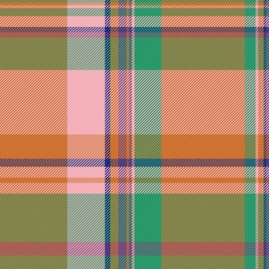 Dikiş desenli tekstil, düz desenli tartan ekose. Renksiz kumaş arkaplanı turuncu ve naneli renklerde.