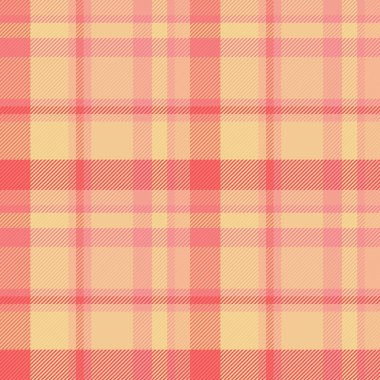 Ekose desenli turuncu ve kırmızı renklerde kumaş vektörü olan tekstil dikişsiz desenlerin arkaplan tartanını kontrol et.