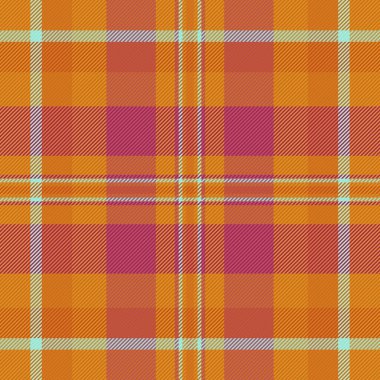 Çizimsiz doku dokusu, orta arkaplan tekstil vektörü. Bufalo desenli tartan ekoseli turuncu ve kırmızı renkli..