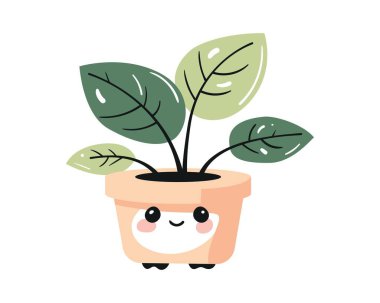 Şirin ev bitkisi vektör sanatı. Kawaii çiçek saksısında bitkiyle karşılaşıyor. Yazdırma veya web simgesi için çizgi film biçimi.