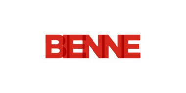 İsviçre ambleminde parmak izi ve ağ için bienne. Tasarım, modern yazı tipinde cesur tipografiye sahip geometrik stil, vektör illüstrasyonuna sahiptir. Beyaz arkaplanda izole edilmiş grafiksel slogan harfleri.