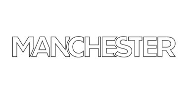 Birleşik Krallık dizaynında Manchester şehrinde, beyaz arkaplan üzerine modern yazı tipi ile kalın bir tipografi içeren geometrik bir stil vektör illüstrasyonu yer almaktadır..