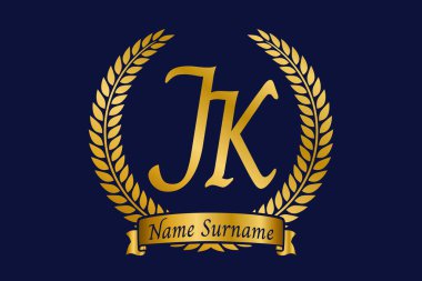 J ve K harfleri, defne çelenkli JK monogram logo tasarımı. Kaligrafi yazı tipli lüks altın amblem.