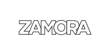 Meksika ambleminde parmak izi ve ağ için Zamora. Tasarım, modern yazı tipinde cesur tipografiye sahip geometrik stil, vektör illüstrasyonuna sahiptir. Beyaz arkaplanda izole edilmiş grafiksel slogan harfleri.