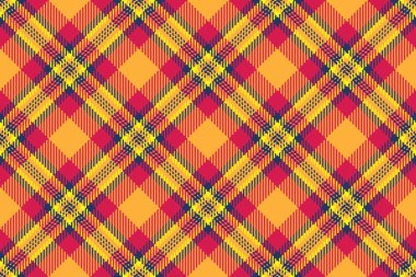 Retro tekstil dokusu arka plan, kostüm desenli kumaş ekose. Atölye, kehribar ve kırmızı renklerdeki kusursuz tartan vektörünü kontrol et.