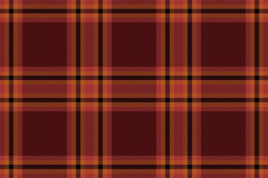 Tartan tekstil ekosesinin koyu ve turuncu renklerde kumaş vektör dokusuna sahip kusursuz arkaplanını kontrol et.