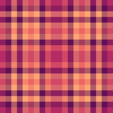 Düzenlenebilir dikişsiz kumaş, modaya uygun arkaplan dokusu deseni. İndirim denetimi turuncu ve morumsu tartan vektör ekoseli.