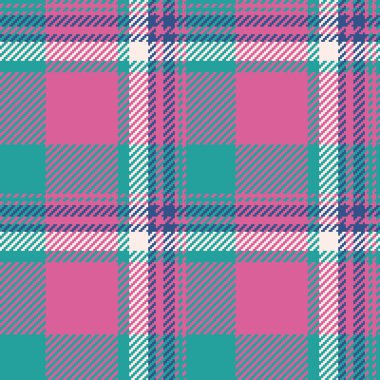 Kalıplı kumaş, estetik tartan arka plan vektörü. Koleksiyon deseni Pembe ve deniz mavisi renklerinde kusursuz tekstil denetimi.