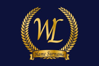İlk harf W ve L, WL monogram logo tasarımı defne çelengi. Kaligrafi yazı tipli lüks altın amblem.