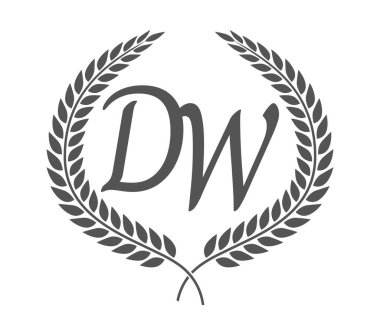 İlk harf D ve W, defne çelenkli DW monogram logo tasarımı. Kaligrafi yazı tipli lüks amblem.