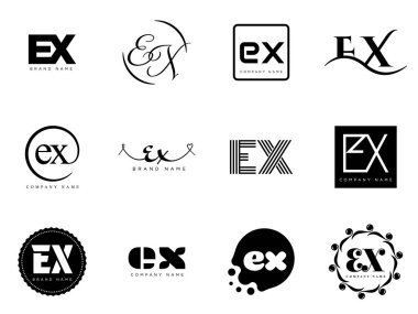EX logo şirketi şablonu. E harfi ve x logosu. Tasarım elemanları ile farklı klasik serif harfleri ve modern kalın metin ayarla. İlk yazı tipi tipografisi.