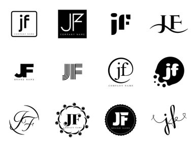 JF logo şirketi şablonu. J harfi ve F logosu. Tasarım elemanları ile farklı klasik serif harfleri ve modern kalın metin ayarla. İlk yazı tipi tipografisi.