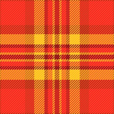 Asimetrik desen dikişsiz tartan, acayip kontrol desenli tekstil. Mutlu vektör ekose kumaş arka planı kırmızı ve parlak.
