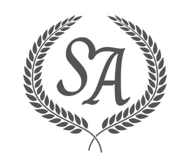S ve A harfleri, defne çelenkli SA monogram logo tasarımı. Kaligrafi yazı tipli lüks amblem.