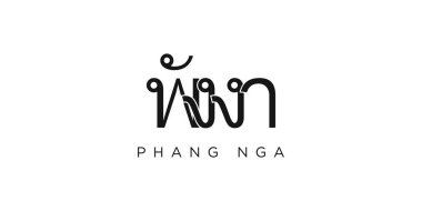 Tayland ambleminde Phang Nga yazılar ve web için. Tasarım, modern yazı tipinde cesur tipografiye sahip geometrik stil, vektör illüstrasyonuna sahiptir. Beyaz arkaplanda izole edilmiş grafiksel slogan harfleri.