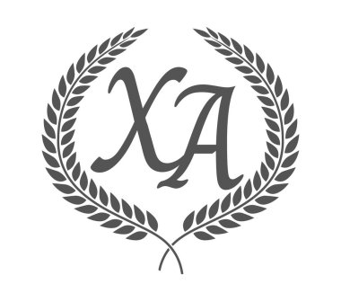 İlk harf X ve A, defne çelenkli XA monogram logo tasarımı. Kaligrafi yazı tipli lüks amblem.