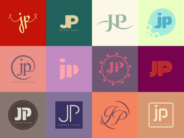 JP logo şirketi şablonu. J harfi ve p logoti. Tasarım elemanları ile farklı klasik serif harfleri ve modern kalın metin ayarla. İlk yazı tipi tipografisi.