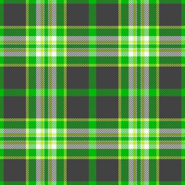 Tartan arkaplan ekosesinin kumaşsız dokusu. Gri ve yeşil renklerde kontrol deseni vektör tekstili var..