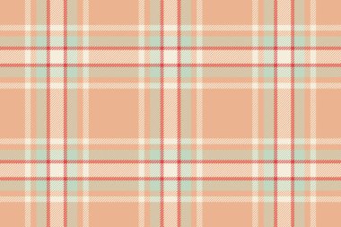 Turuncu ve antika beyaz renklerde arka plan tekstil vektörüne sahip desensiz ekose kumaş deseni..