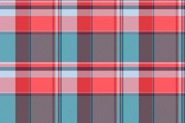 Yeni yıl kumaş şablonu arka planı, damaske tekstil vektörü kontrol. Piknik maskesiz desenli ekoseli kırmızı ve cyan renkleriyle.