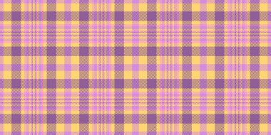 Kusursuz tekstil arka planı, çıplak tartan desenli ekose. Plank vektör dokusu mor ve kehribar rengi ile kontrol.