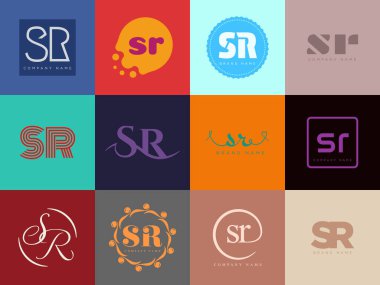 SR logo şirketi şablonu. Harf S ve R logotype. Tasarım elemanları ile farklı klasik serif harfleri ve modern kalın metin ayarla. İlk yazı tipi tipografisi.