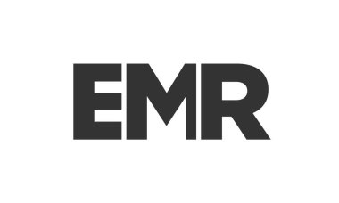 Güçlü ve modern kalın metinlerle EMR logo tasarım şablonu. Basit ve minimal tipografi içeren ilk tabanlı vektör logosu. Moda şirket kimliği.