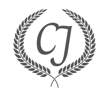 İlk harf C ve J, defne çelenkli CJ monogram logo tasarımı. Kaligrafi yazı tipli lüks amblem.