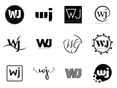 WJ logo şirketi şablonu. Harf w ve j logoti. Tasarım elemanları ile farklı klasik serif harfleri ve modern kalın metin ayarla. İlk yazı tipi tipografisi.