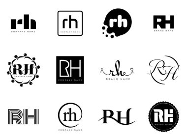 RH logo şirketi şablonu. R ve H logoti harfleri. Tasarım elemanları ile farklı klasik serif harfleri ve modern kalın metin ayarla. İlk yazı tipi tipografisi.