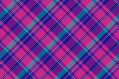 Mor ve cyan renklerinde ekosesiz tartan dokusu olan vektör desenli tekstil arkaplanını kontrol et.