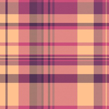 Giyim desensiz tekstil, pamuk kumaş ekose vektörü. Pembe ve turuncu renklerde akış şablonu tartanı.