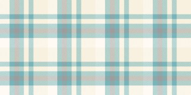 Sanatsal kalıp kontrol dokusu, podyum vektör tekstil arka planı. Serseri ekose kumaş bej ve cyan renginde..