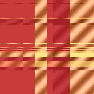 Akış kontrol tekstil vektörü, kesme arka plan ekose desen. Kırmızı ve parlak altın renklerde saten kumaş desenli dikişsiz tartan..