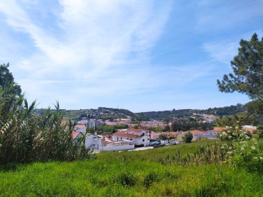 Yeşil tepeler ve açık mavi gökyüzünün altında yuvalanmış kırmızı kiremitli çatıları olan ve kırsal kesimin huzur veren güzelliğini gözler önüne seren tuhaf bir köy manzarası..