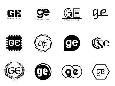 GE logo şirketi şablonu. G harfi ve e logoti. Tasarım elemanları ile farklı klasik serif harfleri ve modern kalın metin ayarla. İlk yazı tipi tipografisi.
