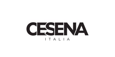 İtalya ambleminde parmak izi ve ağ için Cesena. Tasarım, modern yazı tipinde cesur tipografiye sahip geometrik stil, vektör illüstrasyonuna sahiptir. Beyaz arkaplanda izole edilmiş grafiksel slogan harfleri.