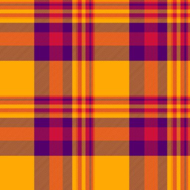 Davetiye kontrolü vektörü pürüzsüz, masa örtüsü desenli tekstil. Turuncu ve mor renklerde İngiliz ekose kumaşı arkaplan tartanı.