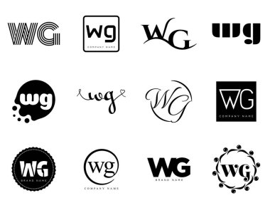 WG logo şirketi şablonu. Harf w ve g logotype. Tasarım elemanları ile farklı klasik serif harfleri ve modern kalın metin ayarla. İlk yazı tipi tipografisi.