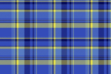 Süslü, pürüzsüz kumaş, ekose kumaş desenli. Paskalya kumaşı vektör arkaplan tartanı mavi ve sarı renklerde.
