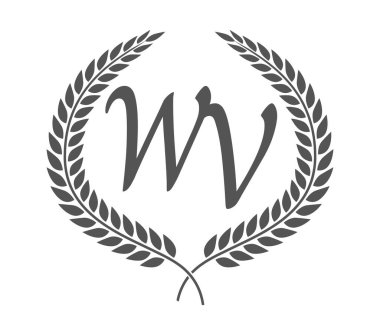 W ve V harfleri, defne çelenkli WV monogram logo tasarımı. Kaligrafi yazı tipli lüks amblem.