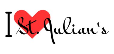 I love St. Julian's, city of Malta. Hand drawn letters with red heart. Vector illustration lettering, modern design clipart