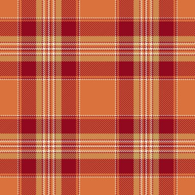 Amerikan ekose kumaş arka planı, sakin desenli tekstil vektörü. Kırmızı ve turuncu renklerde annesiz tartan kontrol dokusu.