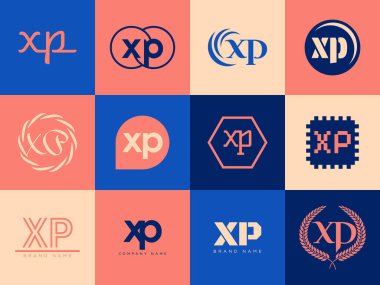 XP logo şirketi şablonu. Harf X ve p logoti. Tasarım elemanları ile farklı klasik serif harfleri ve modern kalın metin ayarla. İlk yazı tipi tipografisi.