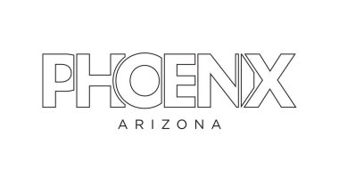 Phoenix, Arizona, ABD tipografi sloganı. Baskı ve web ürünleri için grafik şehir harfleriyle Amerika logosu.