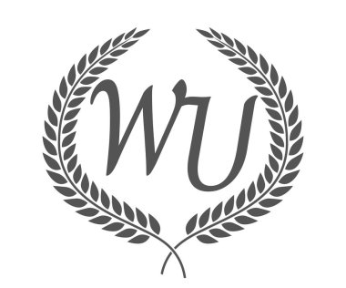 İlk harf W ve U, WU monogram logo tasarımı defne çelengi. Kaligrafi yazı tipli lüks amblem.