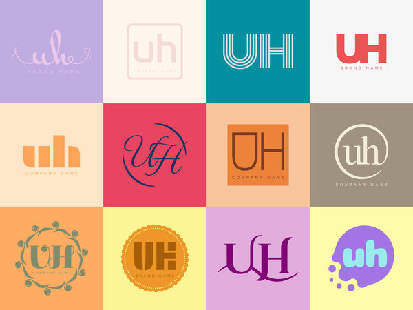 UH logo company template. Letter u and h logotype. Set different classic serif lettering and modern bold text with design elements. Initial font typography.