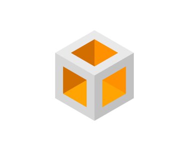 Küp logosu, geometrik vektör tasarımı. Kutu logoti şirketi, piksel biçiminde moda teknoloji amblemi.