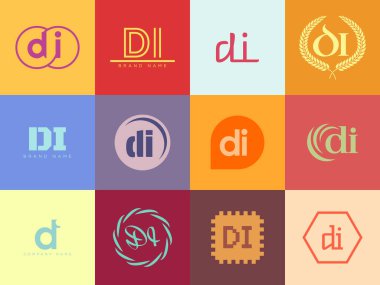 DI logo şirketi şablonu. D harfi ve ben logoti. Tasarım elemanları ile farklı klasik serif harfleri ve modern kalın metin ayarla. İlk yazı tipi tipografisi.