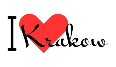 Polonya şehri Krakow 'u seviyorum. Kırmızı kalpli el yazısıyla yazılmış mektuplar. Vektör illüstrasyonu, modern tasarım
